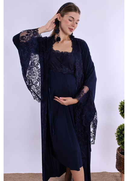 Lacivert Sabahlıklı Hamile Lohusa Gecelik Takım