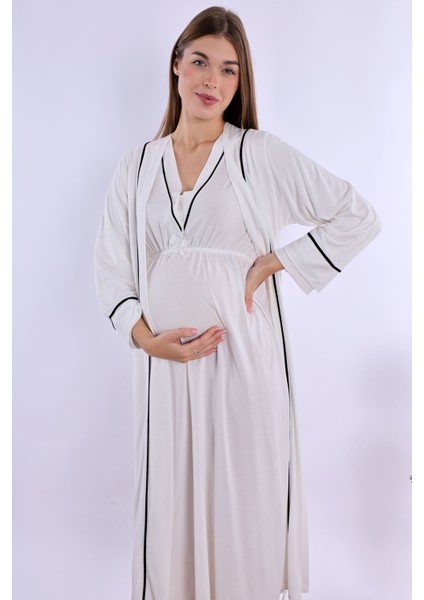 Ekru Sabahlıklı Hamile Lohusa Gecelik Takım indirimleri