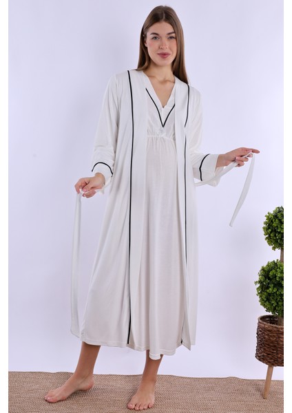 Ekru Sabahlıklı Hamile Lohusa Gecelik Takım