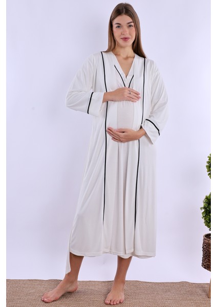 Ekru Sabahlıklı Hamile Lohusa Gecelik Takım
