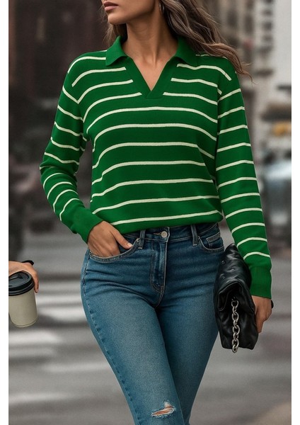 Kadın Uzun Kollu V Yaka Çizgili Triko Bluz modelleri