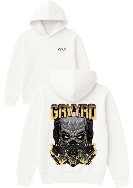Grvyrd Canavar Tasarım Baskılı Oversize Beyaz Kapüşonlu Sweatshirt