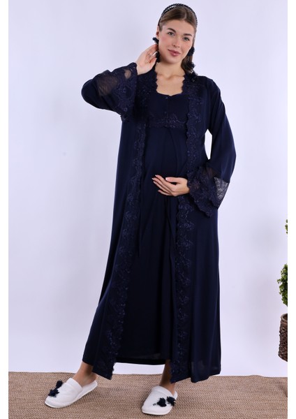 Lacivert Sabahlıklı Hamile Lohusa Gecelik Takım