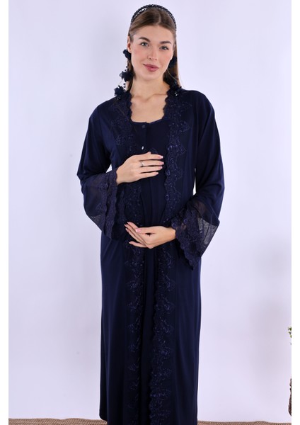 Lacivert Sabahlıklı Hamile Lohusa Gecelik Takım fırsatları