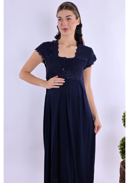 Lacivert Sabahlıklı Hamile Lohusa Gecelik Takım