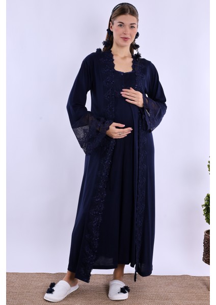 Lacivert Sabahlıklı Hamile Lohusa Gecelik Takım