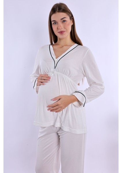 Ekru Hamile Lohusa Pijama Takımı modelleri
