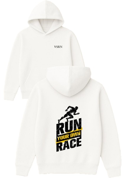 Run Your Win Tasarım Baskılı Oversize Beyaz Kapüşonlu Sweatshirt