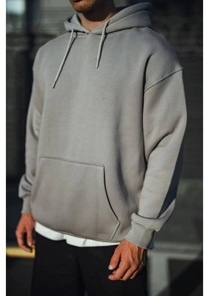 Üç Iplik Penye Kapşonlu Basic Sweatshirt - Boyalı Gri