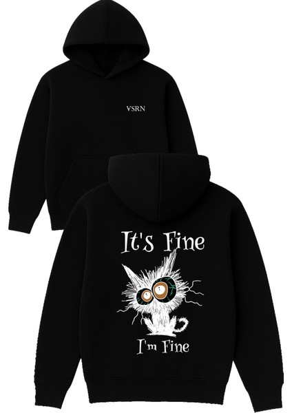 Its Fine Im Fine Tasarım Baskılı Oversize Siyah Kapüşonlu Sweatshirt