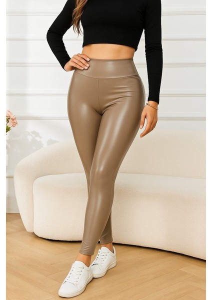 Kadın Yüksek Bel Deri Tayt