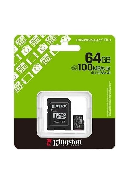 Kıngston Microsd 64GB Canvas Select Plus SDCS3/64GB U1 Class 10 Hafıza Kartı