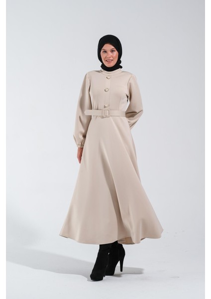 2251_KADIN Scuba Kumaş Kemerli Düğme Detaylı Kloş Uzun Elbise