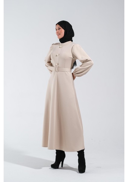 2251_KADIN Scuba Kumaş Kemerli Düğme Detaylı Kloş Uzun Elbise fırsatları