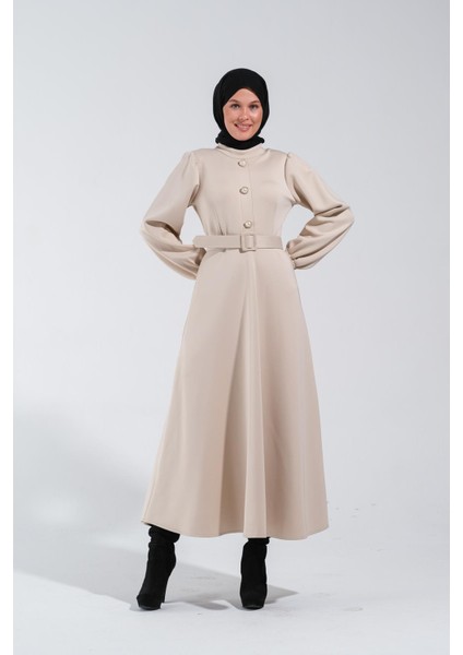 2251_KADIN Scuba Kumaş Kemerli Düğme Detaylı Kloş Uzun Elbise indirimleri