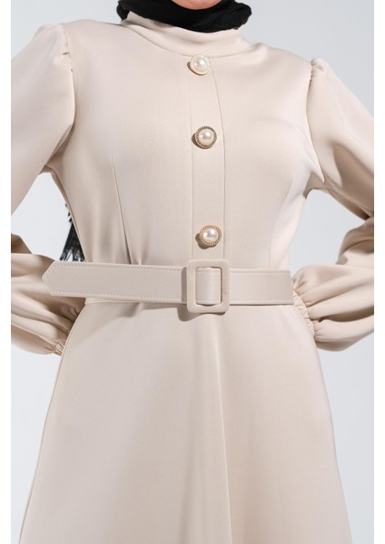 2251_KADIN Scuba Kumaş Kemerli Düğme Detaylı Kloş Uzun Elbise