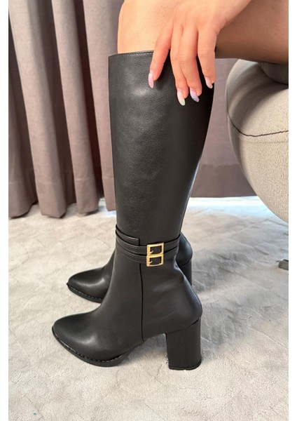 Kadın Mikeno Tokalı Yandan Fermuarlı Diz Altı Çizme Siyah modelleri