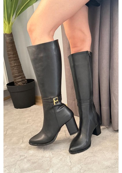 Kadın Mikeno Tokalı Yandan Fermuarlı Diz Altı Çizme Siyah indirimleri