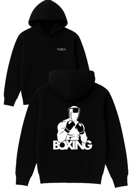 Boxıng Adam Tasarım Baskılı Oversize Siyah Kapüşonlu Sweatshirt