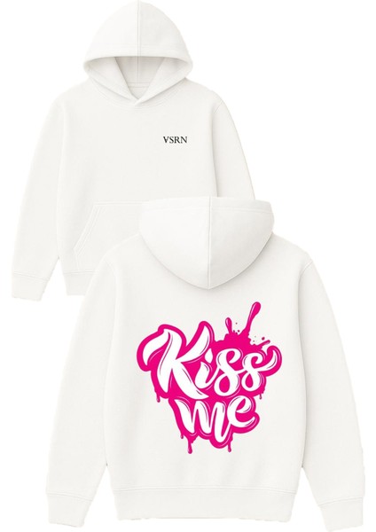 Kıss Me Tasarım Baskılı Oversize Beyaz Kapüşonlu Sweatshirt