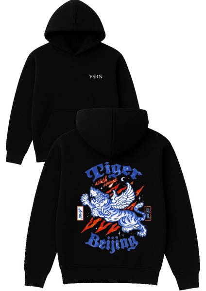 Tiger Beijing Tasarım Baskılı Oversize Siyah Kapüşonlu Sweatshirt