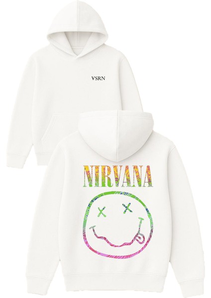 Nırvana Emoji Tasarım Baskılı Oversize Beyaz Kapüşonlu Sweatshirt