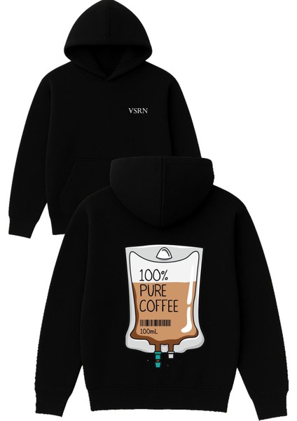 Serum Coffee Tasarım Baskılı Oversize Siyah Kapüşonlu Sweatshirt