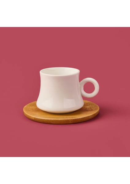 Bambu Tabaklı Dar Fincan Seti - Açık Kahverengi / Beyaz - 100 ml