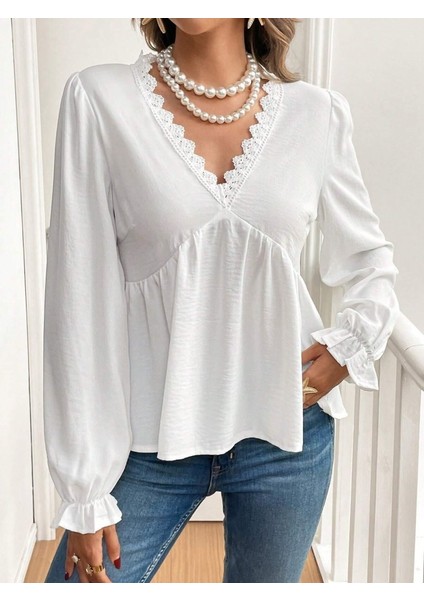 Kadın Uzun Kollu V Dantel Yaka Aerobin Bluz fiyatları