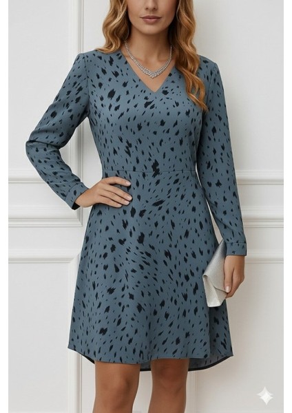 Kadın Uzun Kollu V Yakalı Desenli Kısa Keten Elbise