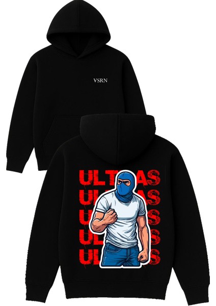 Ultras Tasarım Baskılı Oversize Siyah Kapüşonlu Sweatshirt