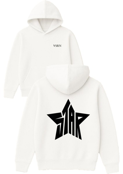 Star Yıldız Tasarım Baskılı Oversize Beyaz Kapüşonlu Sweatshirt