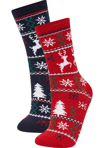 Kadın Yılbaşı Temalı 2'li Pamuklu Uzun Çorap