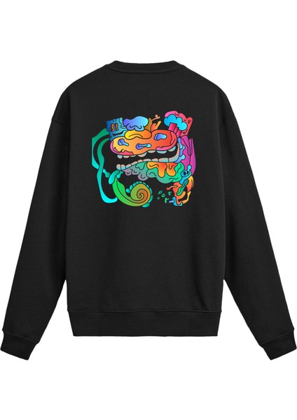 Sırt Baskılı Soyut Renkli Yüz Figürlü Sweatshirt