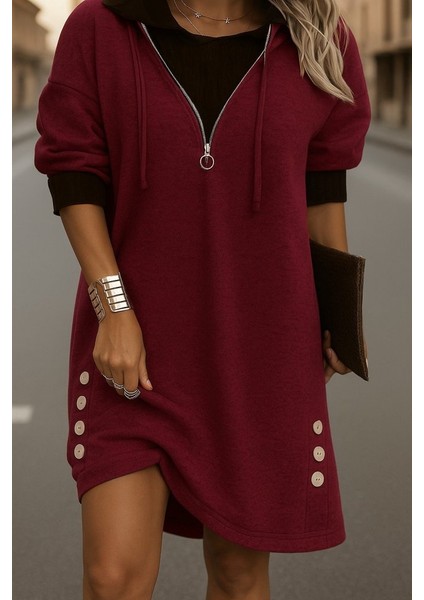 Kadın Uzun Kollu Kapşonlu Önden Fermuarlı Düğmeli Mini Iki Iplik Elbise