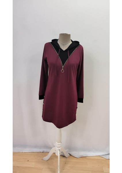 Kadın Uzun Kollu Kapşonlu Önden Fermuarlı Düğmeli Mini Iki Iplik Elbise fırsatları