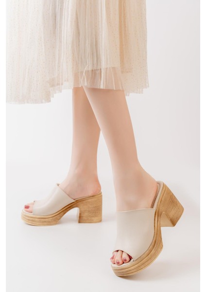 Kadın Siyah Ortopedik Iç Taban Topuklu Terlik (9cm) Krem