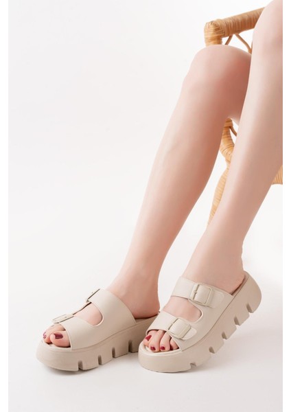 Kadın Çift Bantlı Kalın Taban Ortopedik Terlik Krem