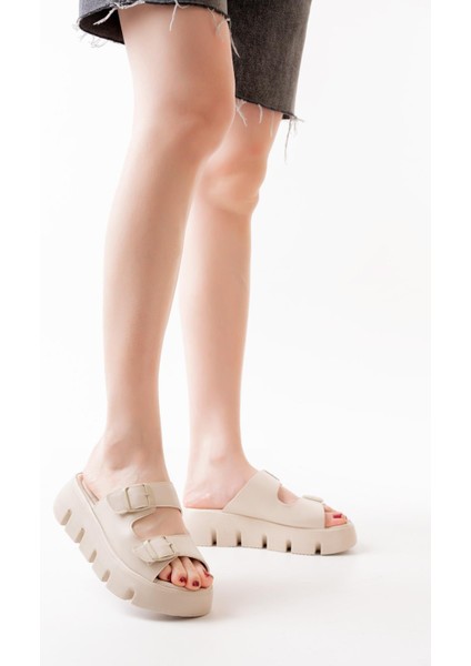 Kadın Çift Bantlı Kalın Taban Ortopedik Terlik Krem fiyatları