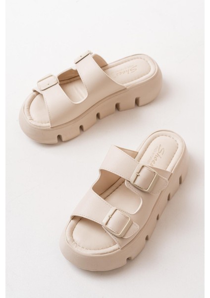 Kadın Çift Bantlı Kalın Taban Ortopedik Terlik Krem modelleri