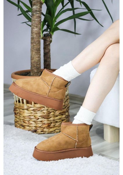 Kadın Pavro Süet Içi Kürklü Kalın Taban ( 4.5 cm ) Mini Kısa Bot Kahverengi