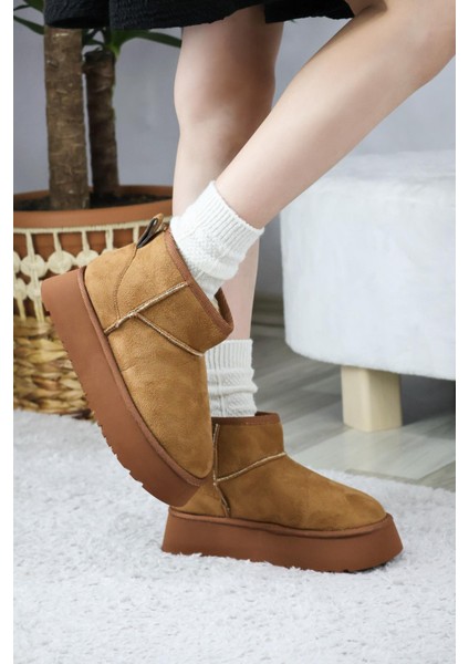 Kadın Pavro Süet Içi Kürklü Kalın Taban ( 4.5 cm ) Mini Kısa Bot Kahverengi modelleri