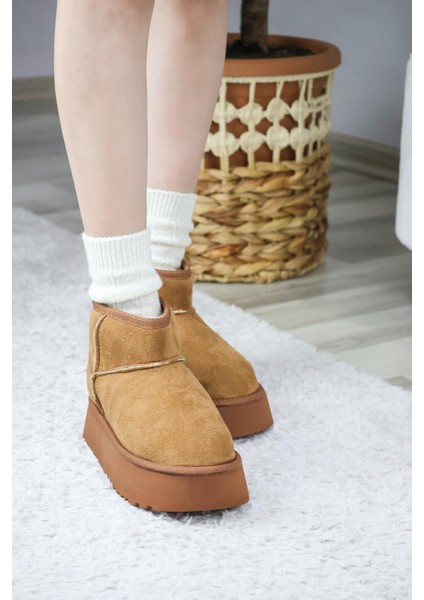 Kadın Pavro Süet Içi Kürklü Kalın Taban ( 4.5 cm ) Mini Kısa Bot Kahverengi fırsatları