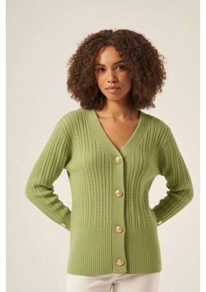 Kadın Saç Örgülü Hırka Fıstık Yeşili 25238