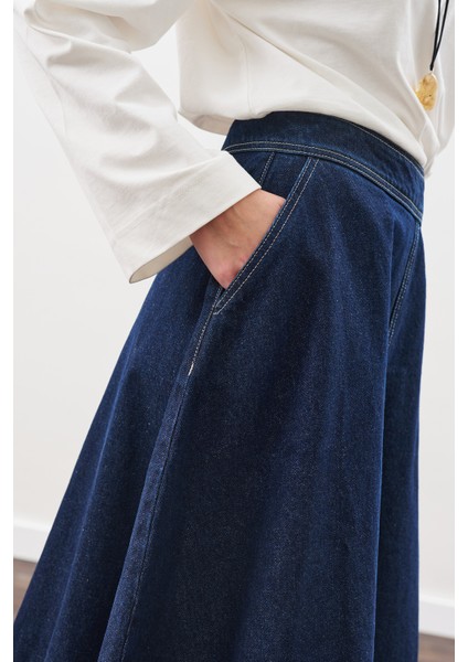 Dikiş Detaylı Geniş Denim Etek Indigo fırsatları