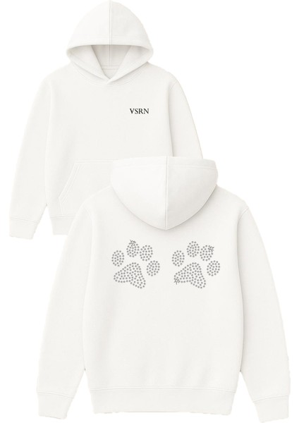 Pırlanta Kedi Patisi Tasarım Baskılı Oversize Beyaz Kapüşonlu Sweatshirt