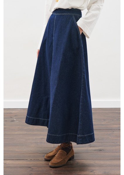 Dikiş Detaylı Geniş Denim Etek Indigo indirimleri