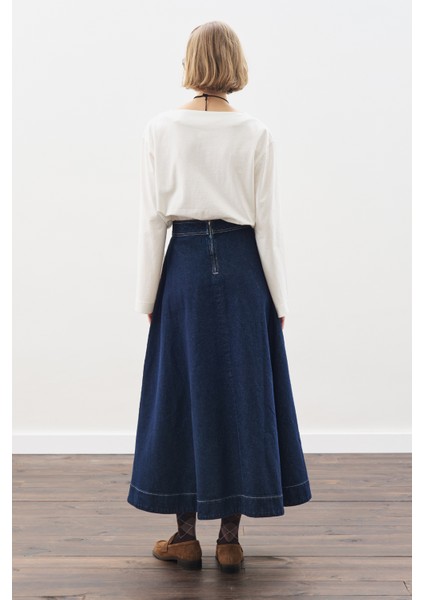 Dikiş Detaylı Geniş Denim Etek Indigo