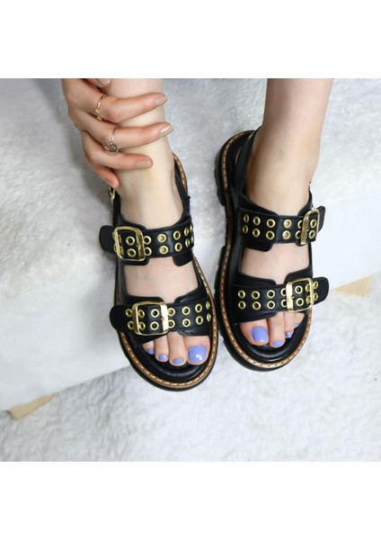 Kadın Simya Siyah Çift Bantlı Kapsül Detaylı Kalın Taban Ortopedik Sandalet Siyah