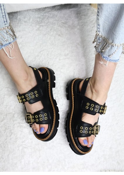 Kadın Simya Siyah Çift Bantlı Kapsül Detaylı Kalın Taban Ortopedik Sandalet Siyah fiyatları